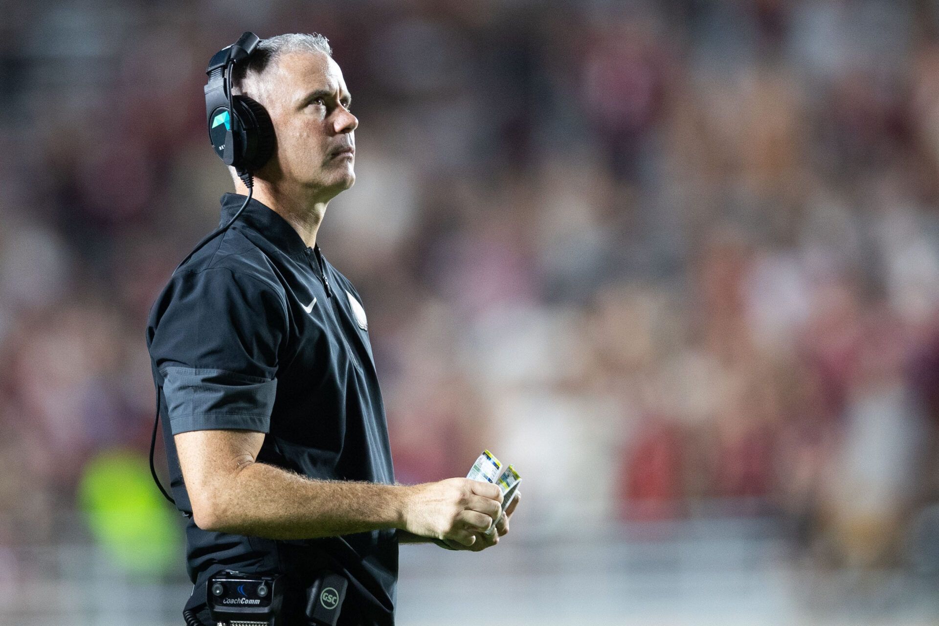Florida State Seminoles head coach Mike Norvell watches the replay. The Florida State Seminoles defeated the New Mexico State Aggies 34-17 at Doak Campbell Stadium on Saturday, Aug. 29, 2026.